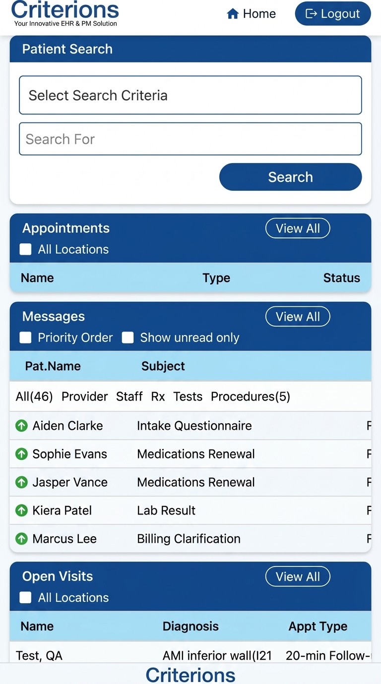 Criterions mobile home screen showing patient search, appointments, and messages