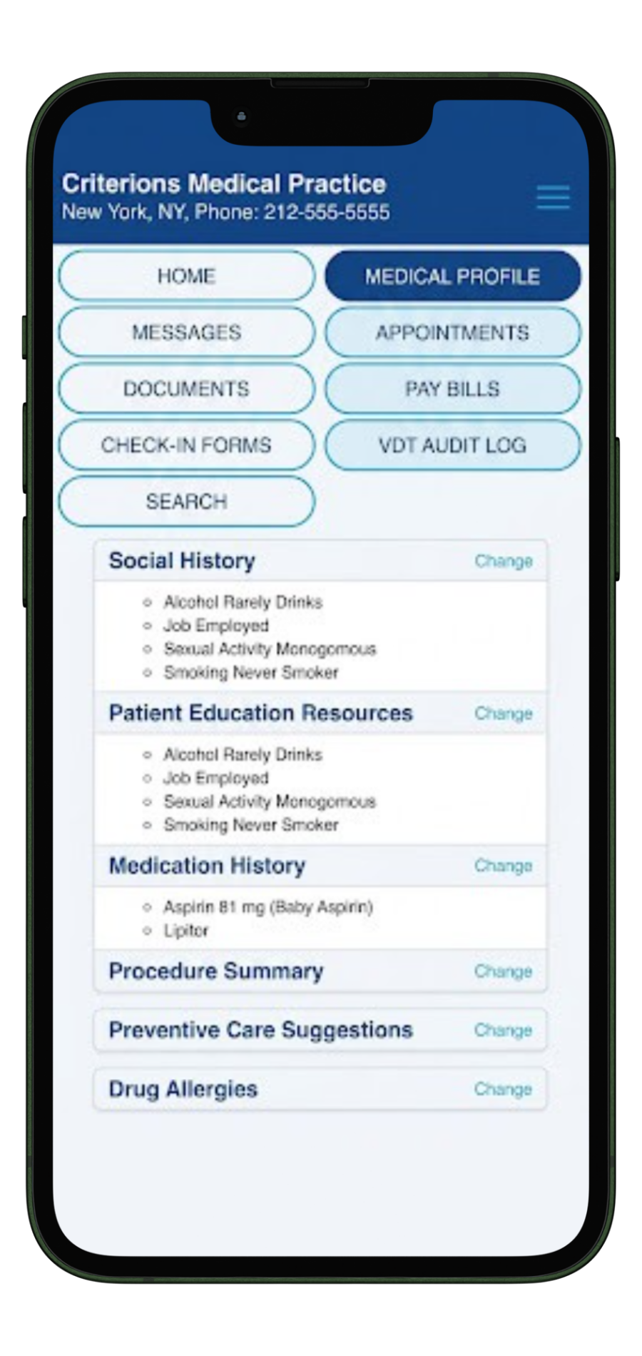 Criterions Patient Portal medical profile screen showing social history, medications, and drug allergies